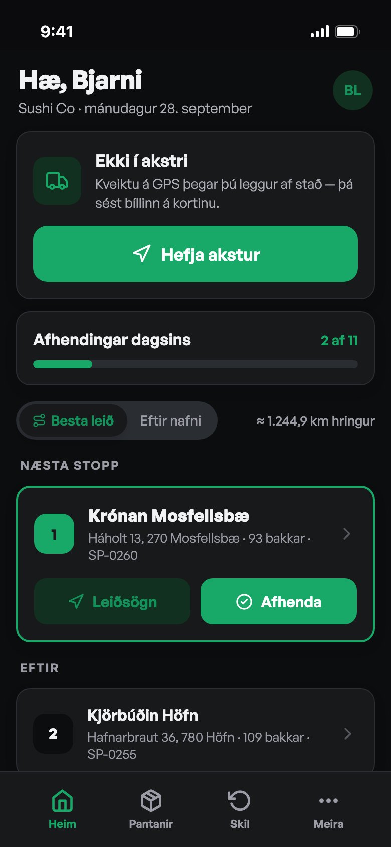 Afhendingar í símanum í dökku þema