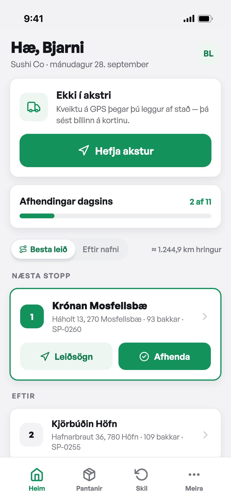 Afhendingar dagsins í appinu
