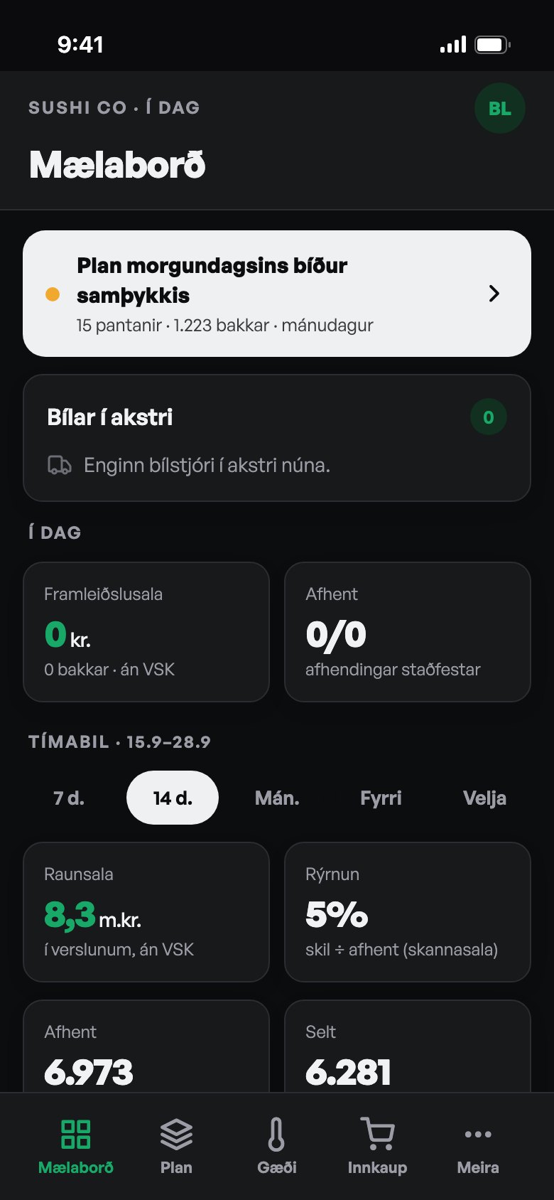 Mælaborðið í símanum í dökku þema