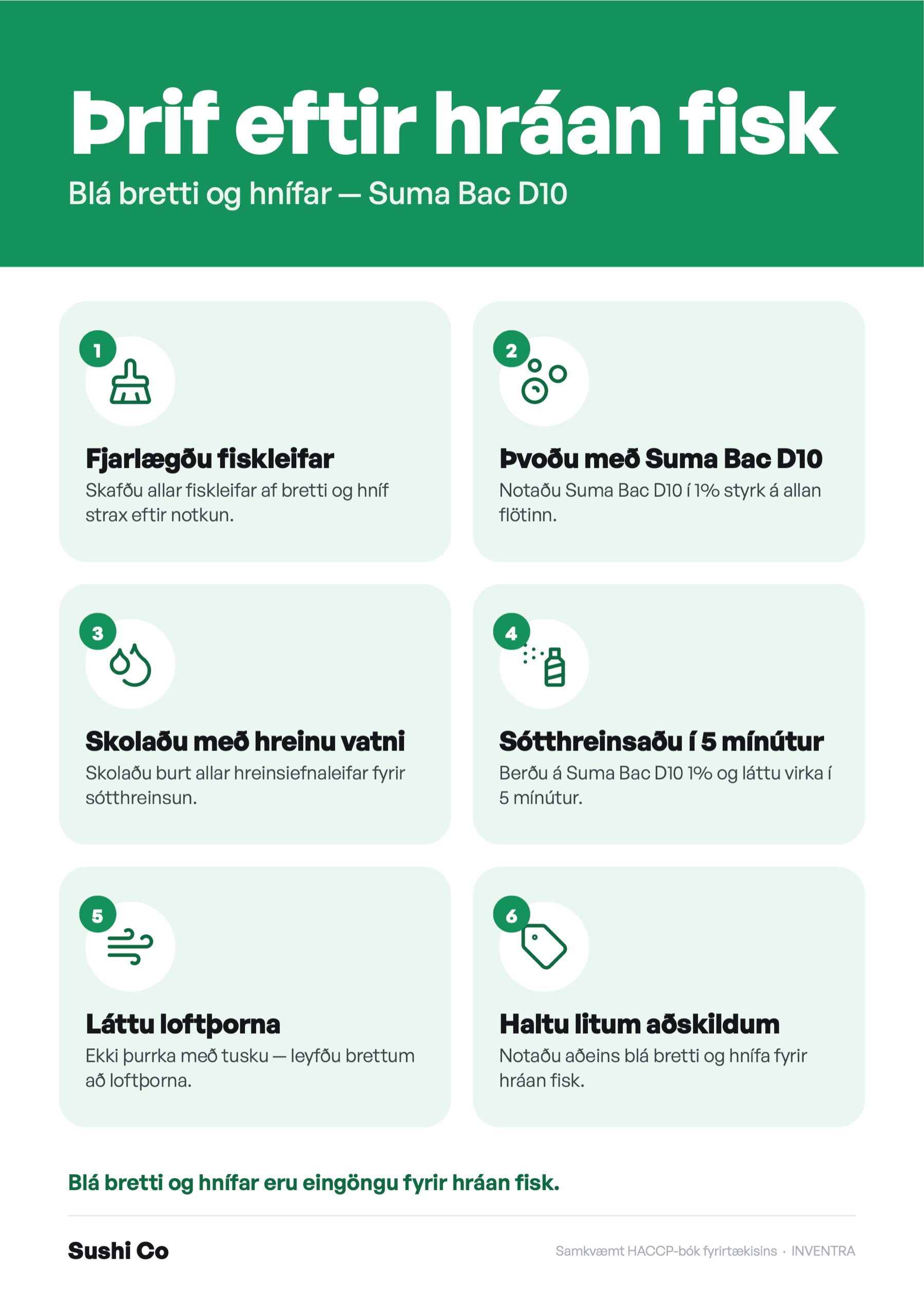 Veggspjald um þrif eftir hráan fisk með efni, styrk og verkunartíma úr bókinni